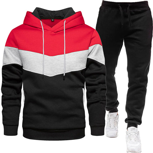 Men's three color hoodie sports suit, fashionable and casual, spring and autumn splicing hooded top, long pants two-piece set - Shello's Creative Boutique