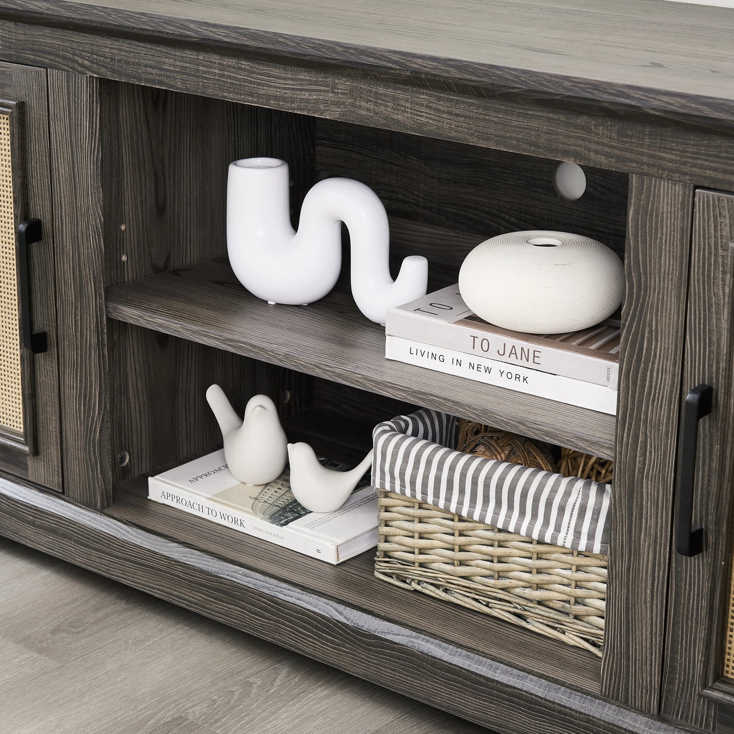 Vine TV stand console table, suitable for TVs under 70 inches, equipped with 2 storage shelves and 2 natural rattan doors, gray - Shello's Creative Boutique