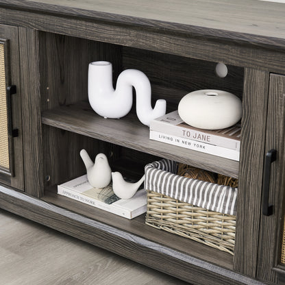 Vine TV stand console table, suitable for TVs under 70 inches, equipped with 2 storage shelves and 2 natural rattan doors, gray - Shello's Creative Boutique