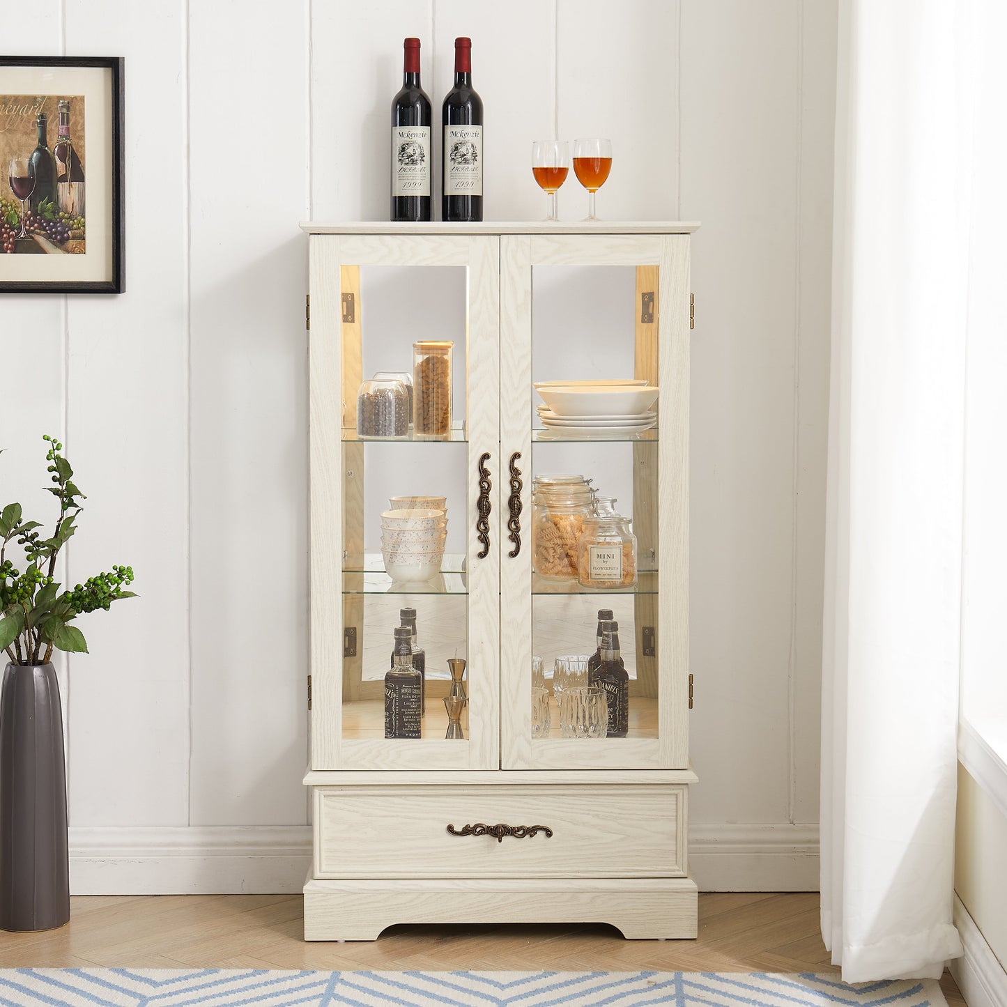 Light colored glass cabinet Curio display cabinet with adjustable glass frame, 2 doors and 1 drawer, including white light bulbs eprolo