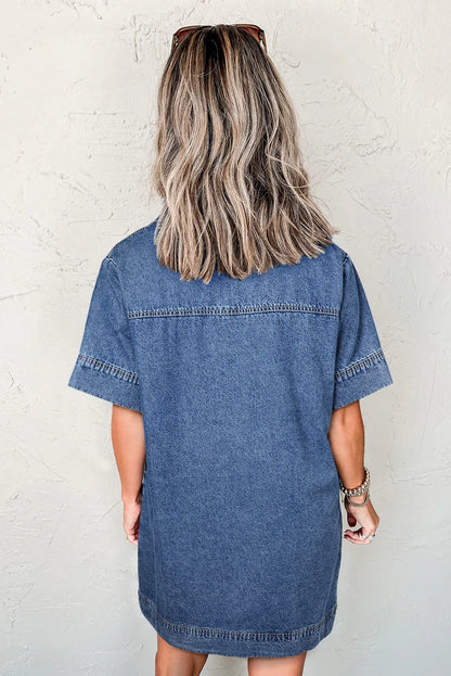 Denim Mini Dress - Women's Short Sleeve Collared Shirt Dress - Shello's Creative Boutique