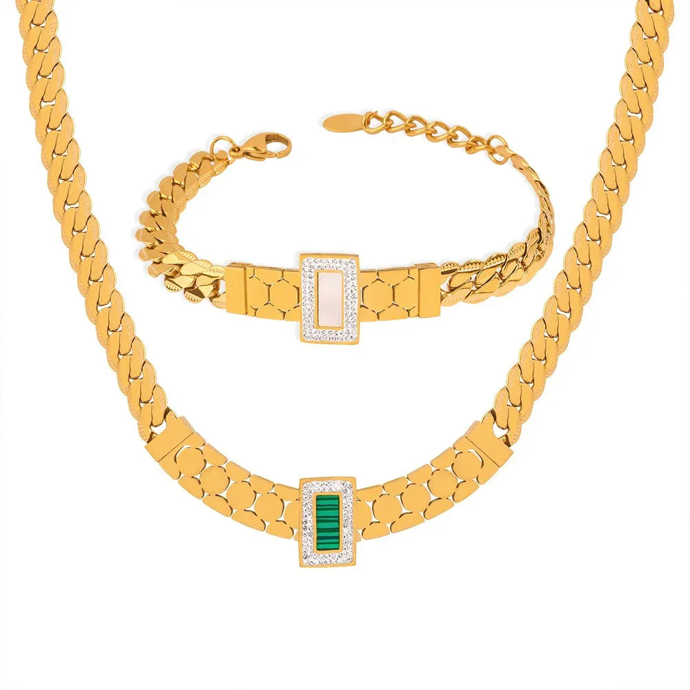 18K gold exquisite light luxury geometric inlaid zircon and gemstone design versatile bracelet necklace set - Shello's Creative Boutique