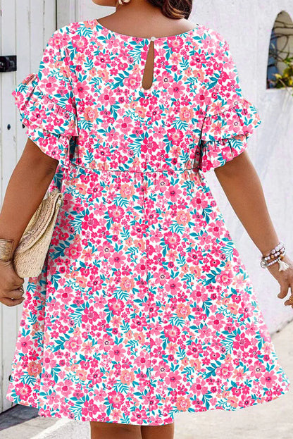 Plus Size Floral Print Ruffle Short Sleeve Flare Dress - Boho Elegance Meets Effortless Style! - Shello's Creative Boutique