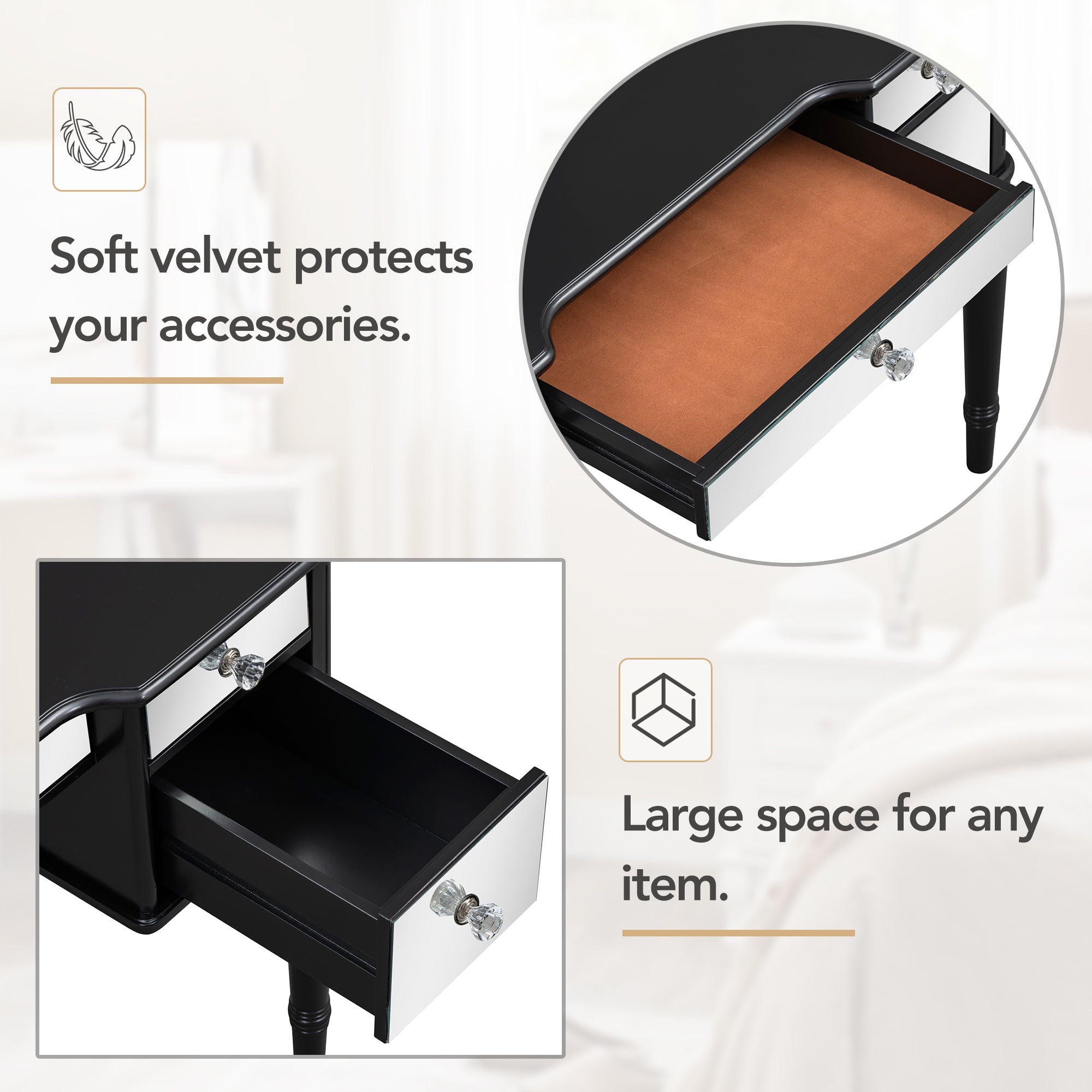 GO 43" Dressing Table Set with Mirrored Drawers and Stool, Tri-fold Mirror, Makeup Vanity Set for Bedroom, Black eprolo