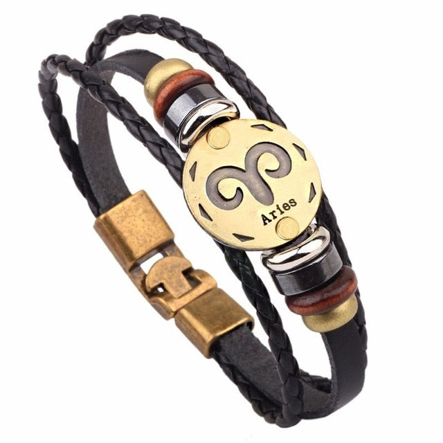 12 Horoscope Leather Bracelet Men Jewelry Vintage Retro Charm Bracelet Male Jewelry 8.2 eprolo