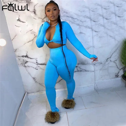 FQLWL Casual Summer Two Piece Set - Pink Long Sleeve Crop Top and Leggings - Shello's Creative Boutique