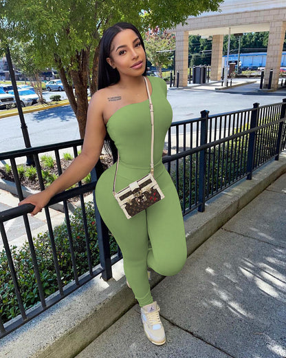 Women Spring Solid Color Long Sleeve One Shoulder Two Piece Set Solid Color Suit eprolo