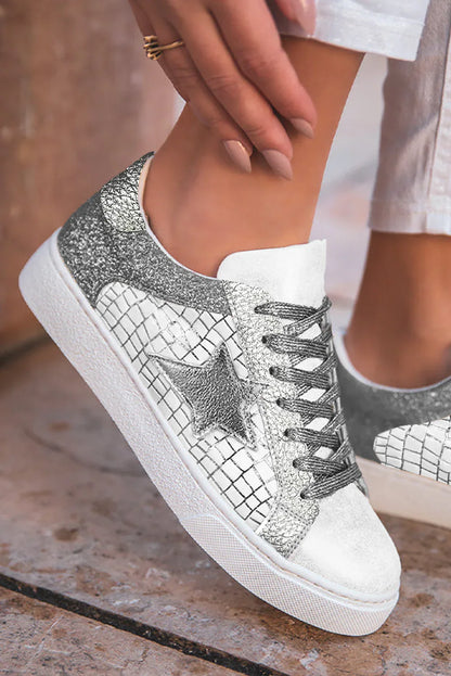 Silver Glitter Star Sneakers - PU Leather Patchwork Trainers - Shello's Creative Boutique