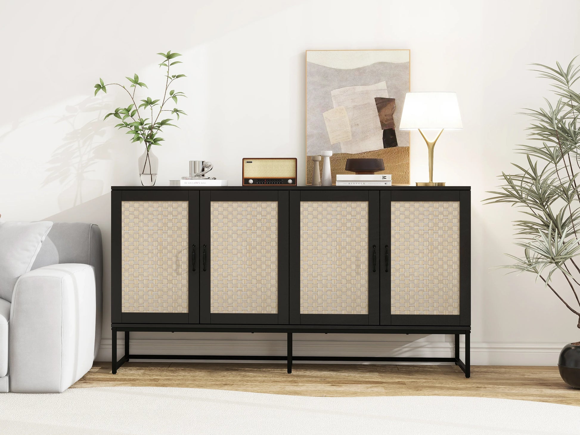 Rattan 4-Door Sideboard , Sideboard Buffet Storage Cabinet,Accent Storage Cabinet , Large Cabinet With 4 Rattan Decorated Doors - Shello's Creative Boutique