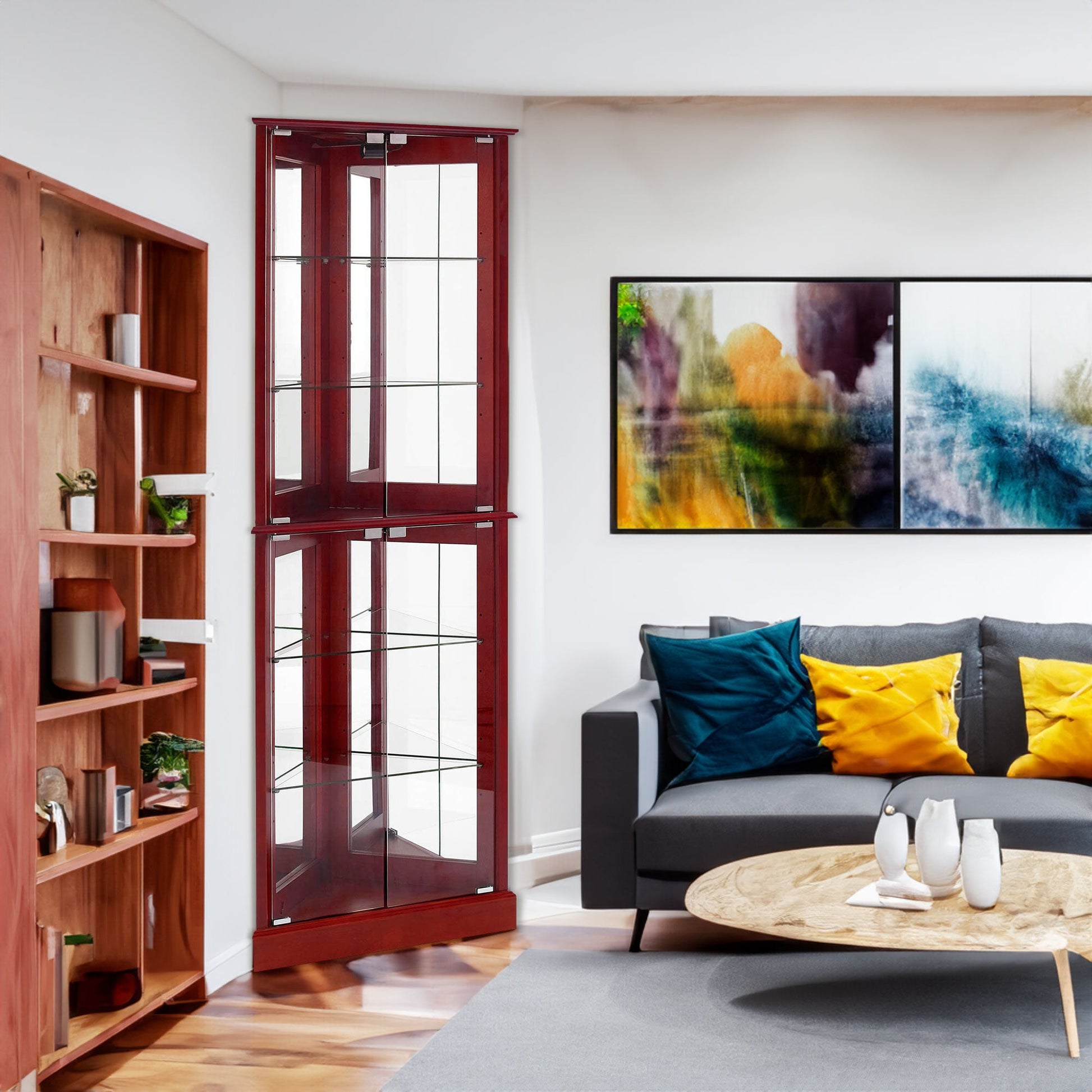 Corner Curio Dispaly Cabinet with Lights, Adjustable Tempered Glass Shelves, Mirrored Back,Cherry(E26 light bulb not included) eprolo