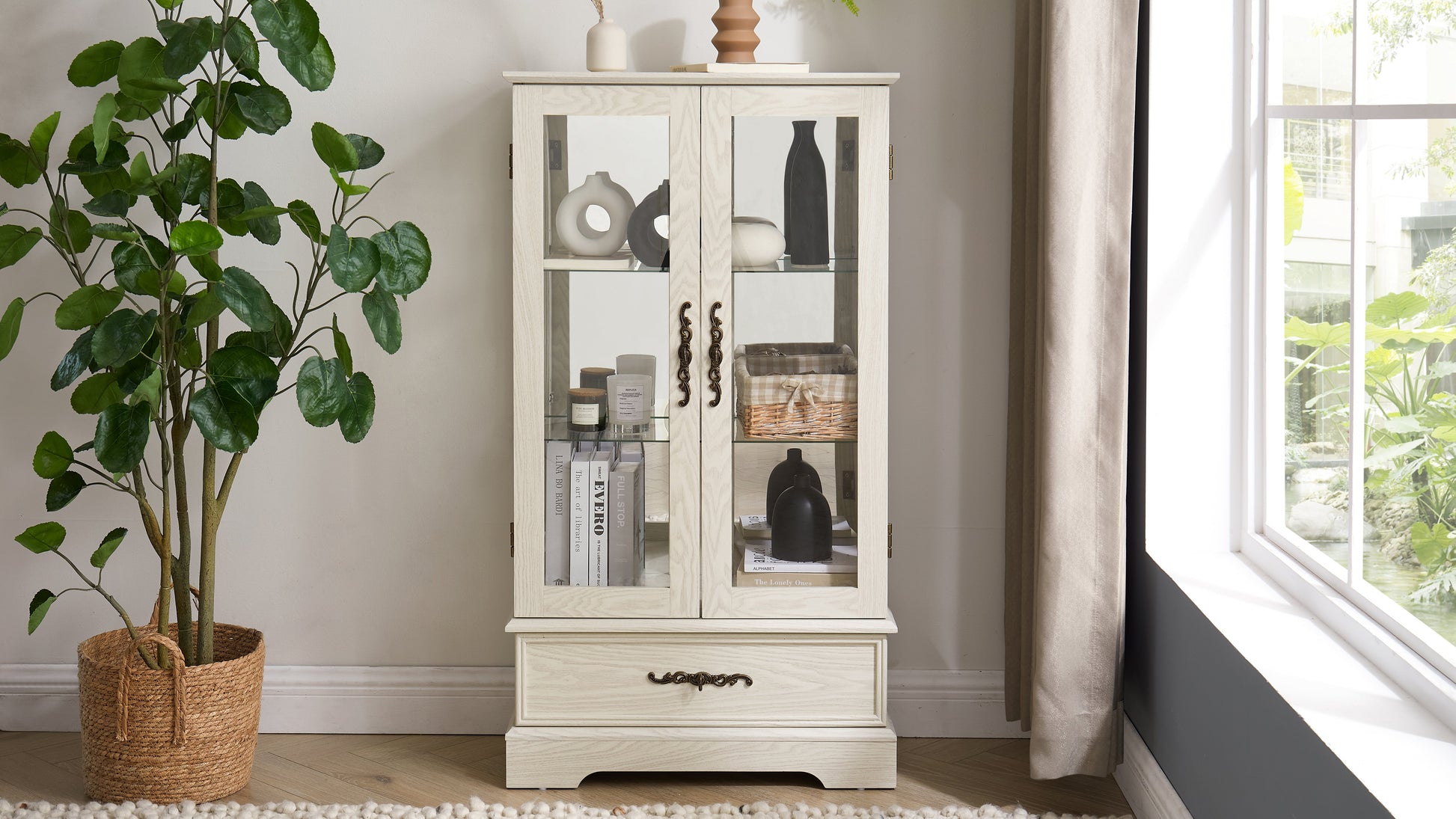 Light colored glass cabinet Curio display cabinet with adjustable glass frame, 2 doors and 1 drawer, including white light bulbs eprolo