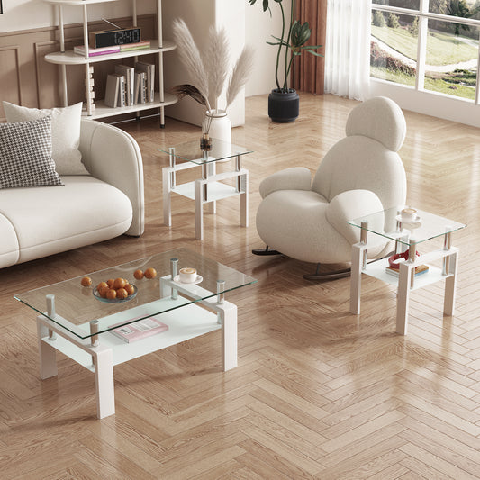 Set of 2, Modern Tempered Glass Tea Table Coffee Table End Table, Square Table for Living Room, Transparent/White eprolo
