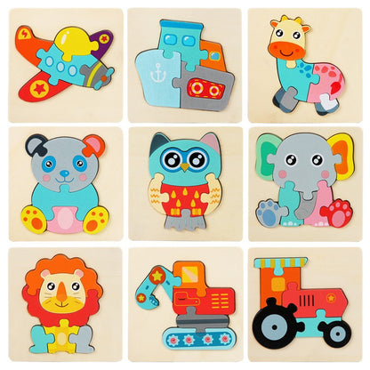 Wooden Small Puzzle Young Children Early Education Puzzle Card Buckle Three-Dimensional Animal Cartoon Shape Matching Puzzle Board Toys eprolo
