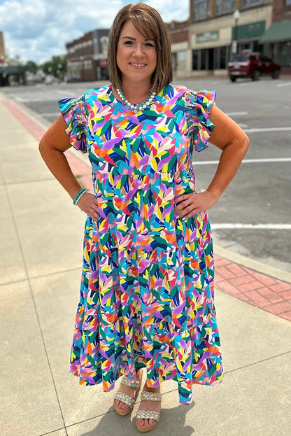 Blue Abstract Print Ruffle Sleeve Plus Size Tiered Maxi Dress - Shello's Creative Boutique