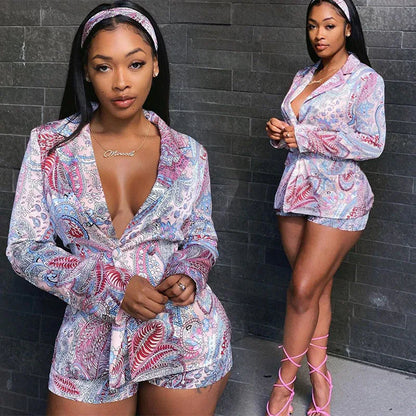 Early Autumn Fashion Casual Printed Suit Deep V Neck Long Jacket Shorts Two Piece Suit - Shello's Creative Boutique