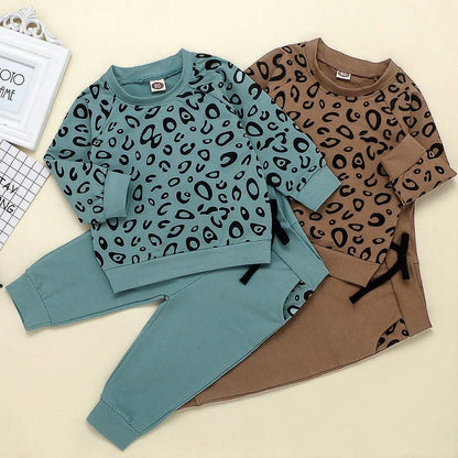 Kids Clothes Set Cartoon Print Baby Boy Girl Clothing Infant Baby Girl Boy Leopard Print T-shirt Sweater Coat Tops Pants Outfits - Shello's Creative Boutique