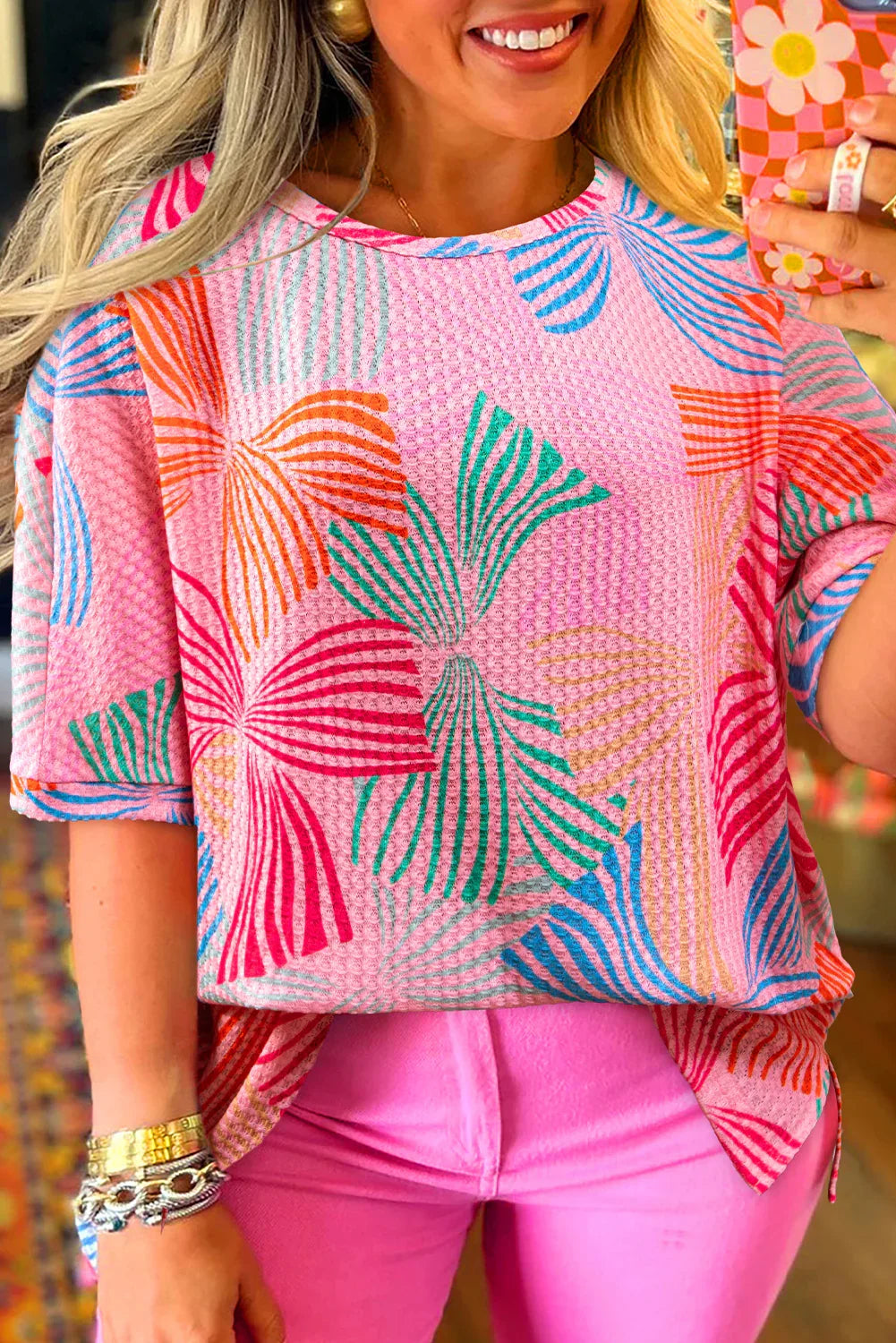 Pink Bowknot Print Waffle Loose Tee - Shello's Creative Boutique