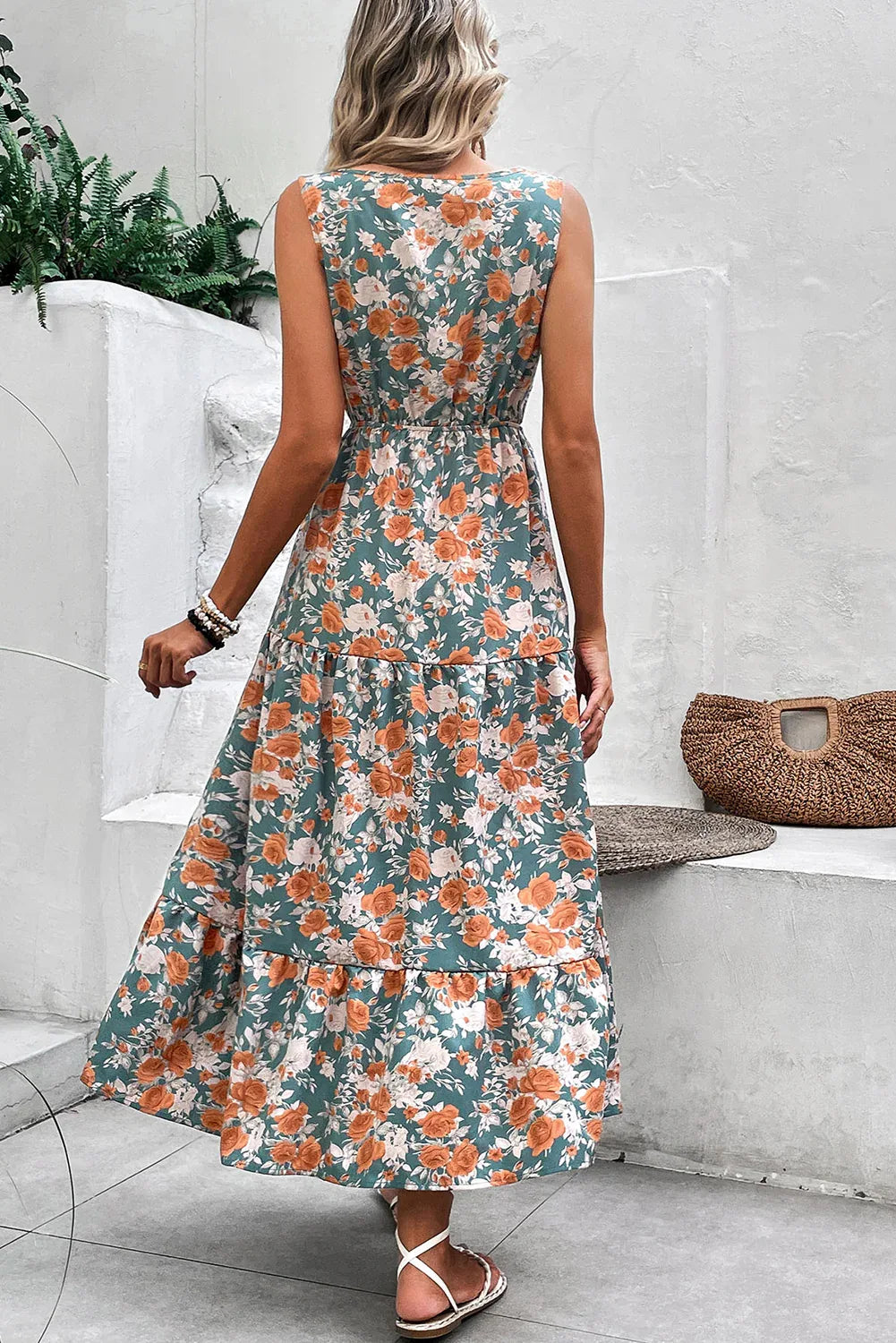 Sky Blue Floral Print Trimmed V Neck Sleeveless Vacation Dress - Shello's Creative Boutique