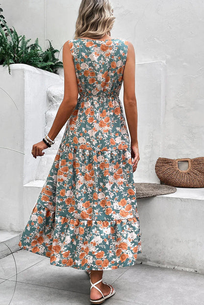 Sky Blue Floral Print Trimmed V Neck Sleeveless Vacation Dress - Shello's Creative Boutique