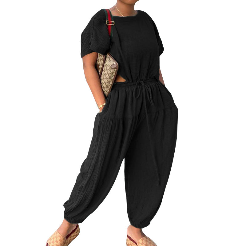 Women's Elastic Cotton And Linen Fashion Casual Wide Leg Pants Solid Color Two Piece Suit eprolo