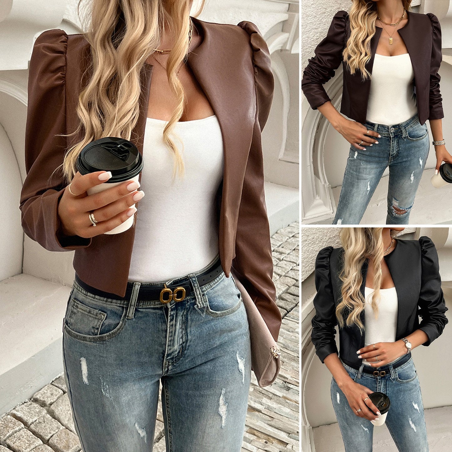 Autumn and winter new European and American jacket, women's temperament, casual cardigan, solid color leather jacket eprolo