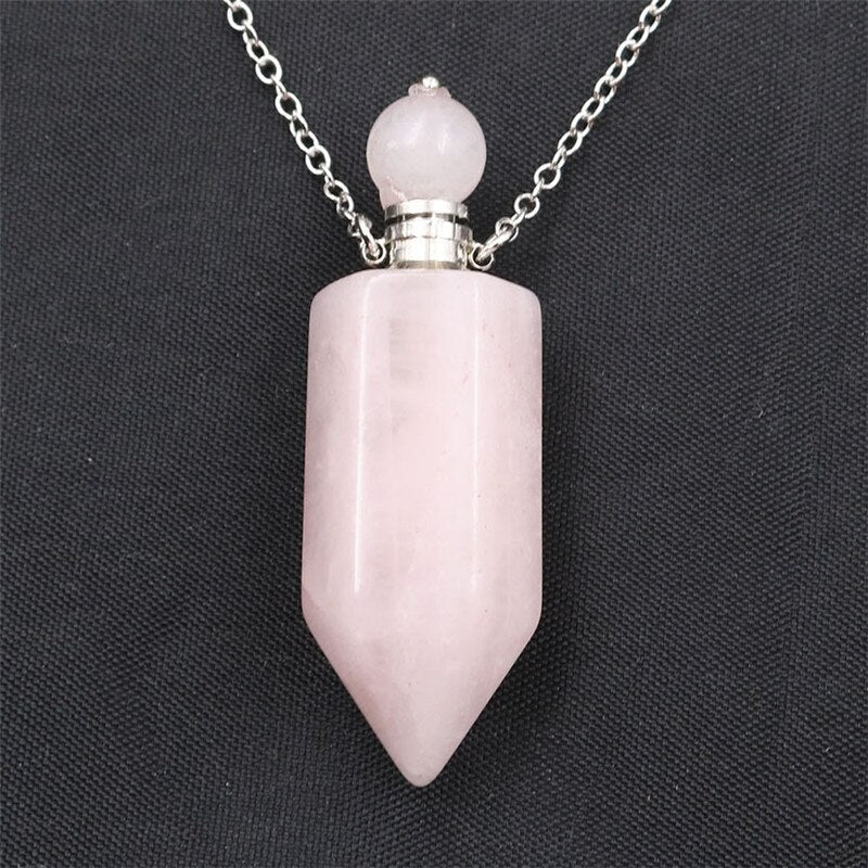 Natural Crystal Hexagonal Perfume Bottle Pendant Necklace  Fluorite Pendant Essential Oil Jar Chain Necklace Shello Creative Boutique