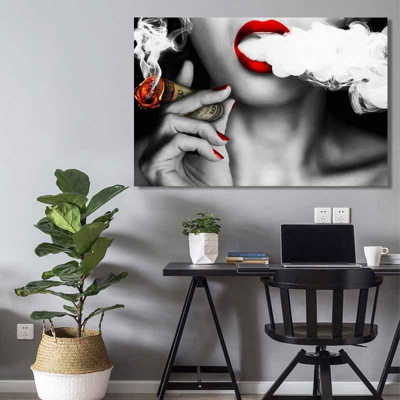 Abstract Portrait Wall Art - Modern Canvas Painting of Women with Smoke and Money for Creative Decor