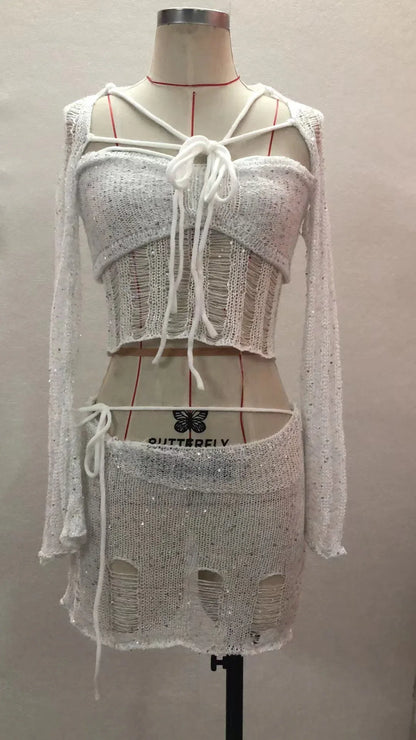 Women's fashion long sleeved woolen short skirt with exposed navel T-shirt split three piece set - Shello's Creative Boutique