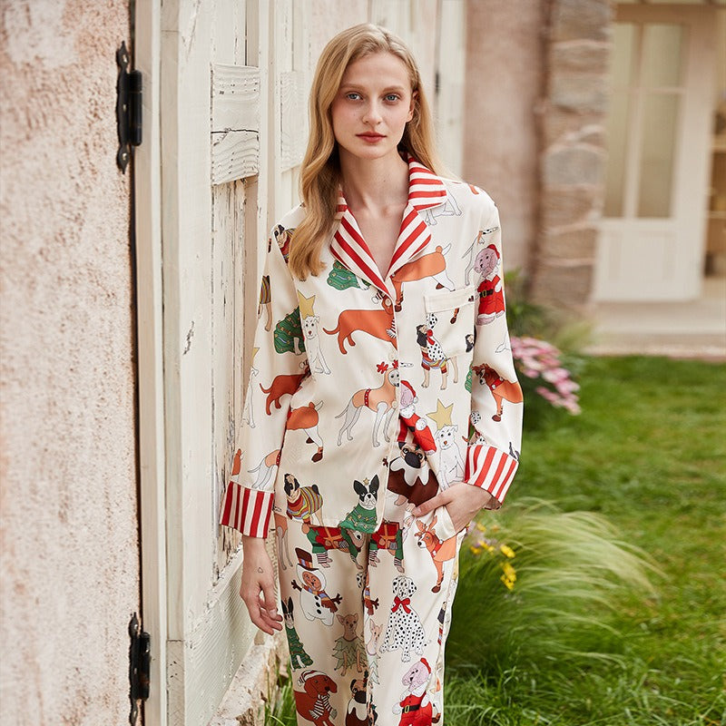 Ins style pajamas women autumn long-sleeved trousers lapel imitation silk thin home clothes set eprolo