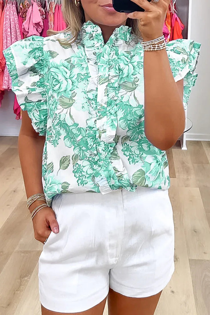 Green Floral Print Ruffle Sleeve Frill Shirt - Shello's Creative Boutique