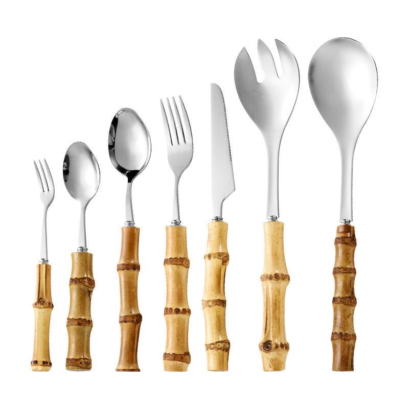 Natural Bamboo Handle Stainless Steel Tableware, Dessert Salad Spoon Fork, Bamboo Joint Handle, Western Food Steak Knife eprolo