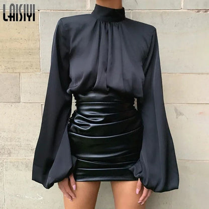 Satin Lantern Sleeve Blouse - Turtleneck Cropped Top - Shello's Creative Boutique