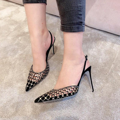 Semi-trail pointed toe rhinestone thin heel bag toe high heel strap - Shello's Creative Boutique