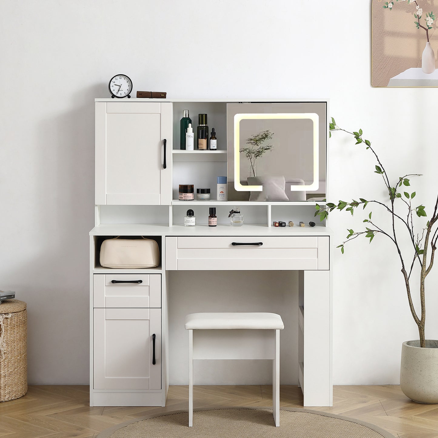 Vanity table with large sliding lighted mirror dressing table with 2 drawers storage shelves and upholstered stool white color eprolo