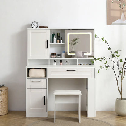 Vanity table with large sliding lighted mirror dressing table with 2 drawers storage shelves and upholstered stool - Shello's Creative Boutique