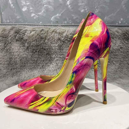 12cm heel Glossy Colourful Print Women Pointed Toe High Heels Stilettos Pumps