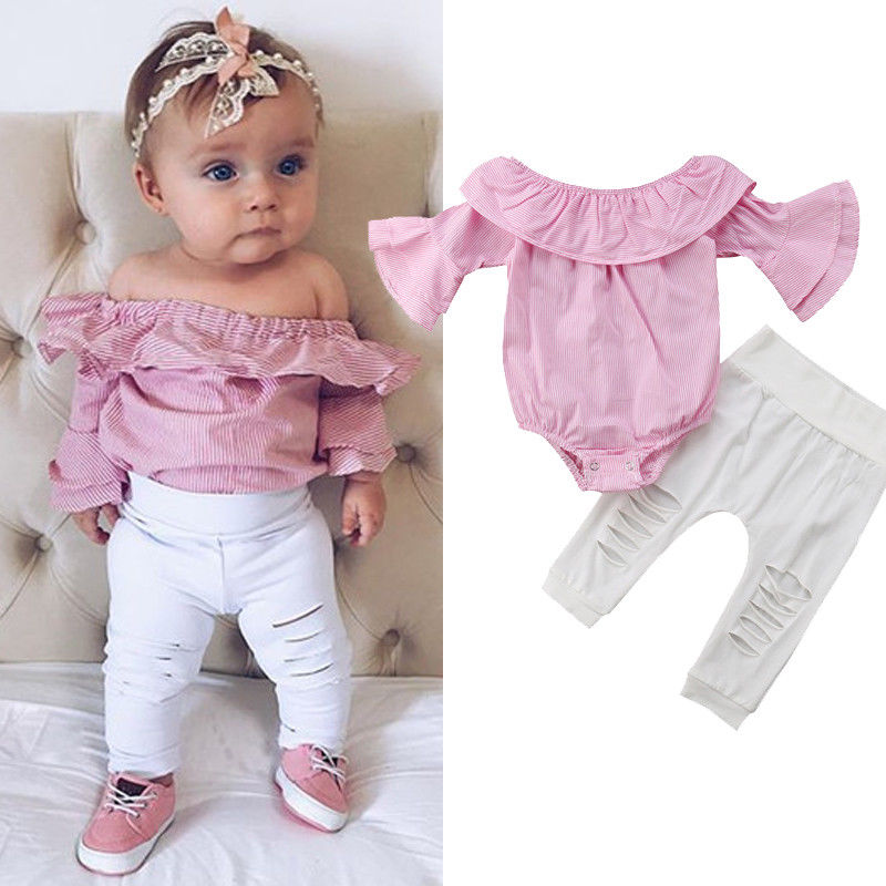2PCS Baby Girls Clothing Set Girls Off Shoulder Romper +White Ripped Jeans Pants Infant Pink Outfits Newborn Clothes Sets eprolo