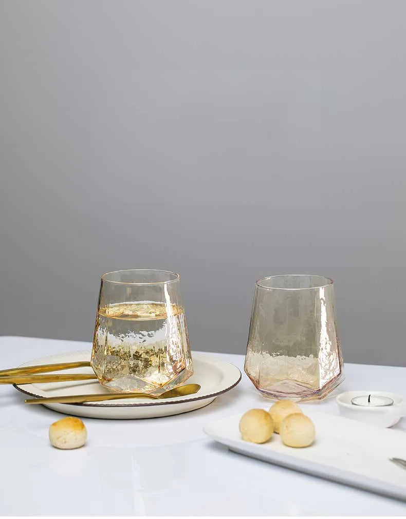 Hammered Diamond Amber Crystal Glass – Lead-Free Wine, Champagne & Whisky Goblet
