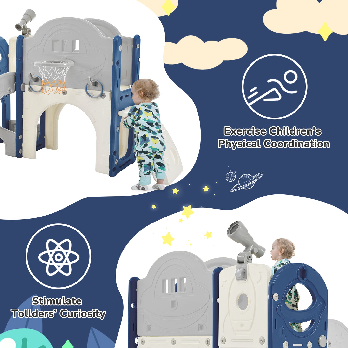 Kids Slide Playset Structure 7 in 1, Freestanding Spaceship Set with Slide, Arch Tunnel Blue+Grey + HDPE eprolo