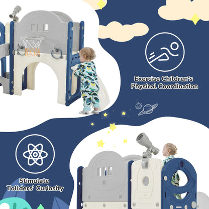 Kids Slide Playset Structure 7 in 1, Freestanding Spaceship Set with Slide, Arch Tunnel Blue+Grey + HDPE - Shello's Creative Boutique