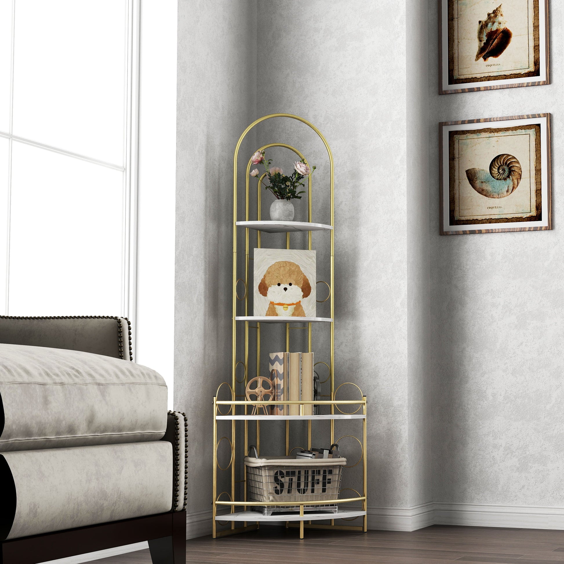Gold 4-Tier Corner Bookshelf, Modern Style, Plant Stand with Metal Frame eprolo