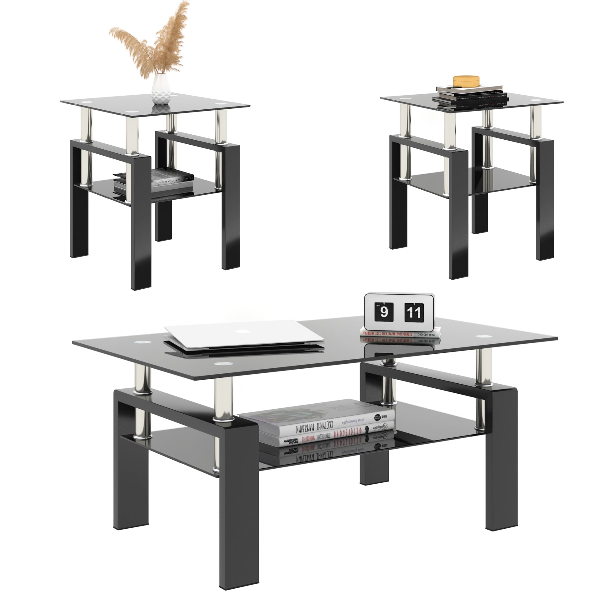 Set of 2, Modern Tempered Glass Tea Table Coffee Table End Table, Square Table for Living Room, Black eprolo