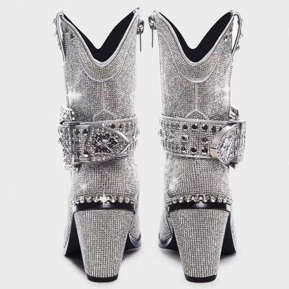 Western denim hot drill mid tube round head belt buckle thick heel fashion boots - Shello's Creative Boutique