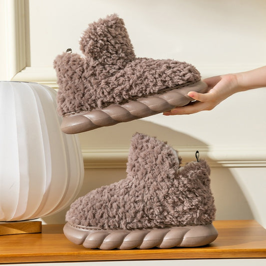 High top bag and cotton slippers with added velvet for warmth in winter for couples staying at home, indoor and outdoor, non slip soft soled plush cotton shoes eprolo
