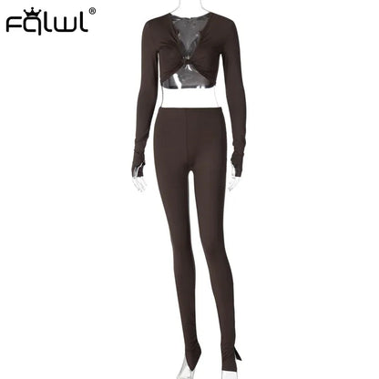 FQLWL Casual Summer Two Piece Set - Pink Long Sleeve Crop Top and Leggings - Shello's Creative Boutique