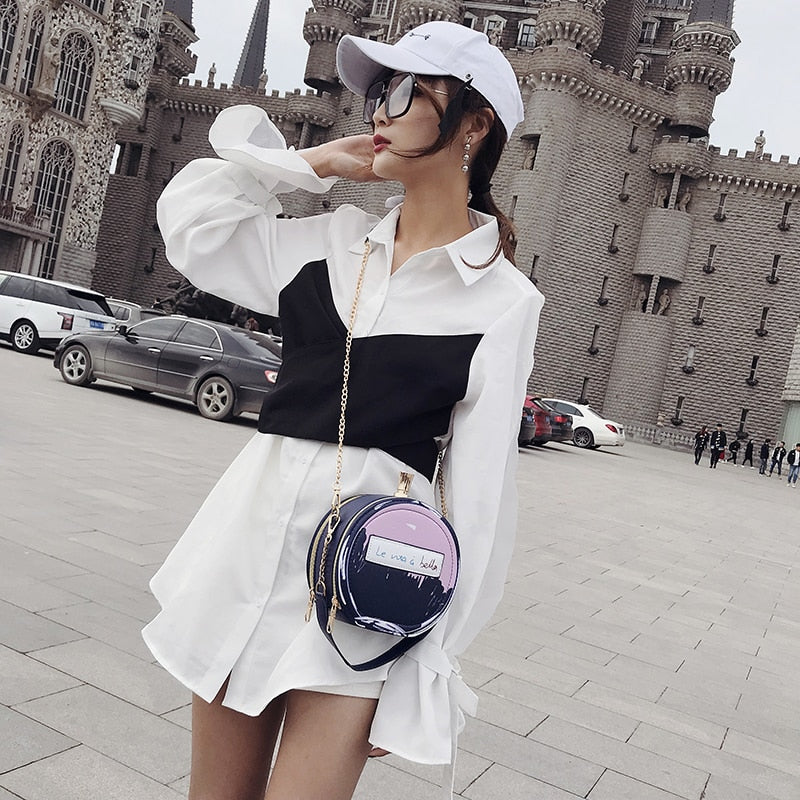 Round Letter Printed Perfume Bottle Pu Leather Casual Handbag Chain Purse Shoulder Bag Shello Creative Boutique