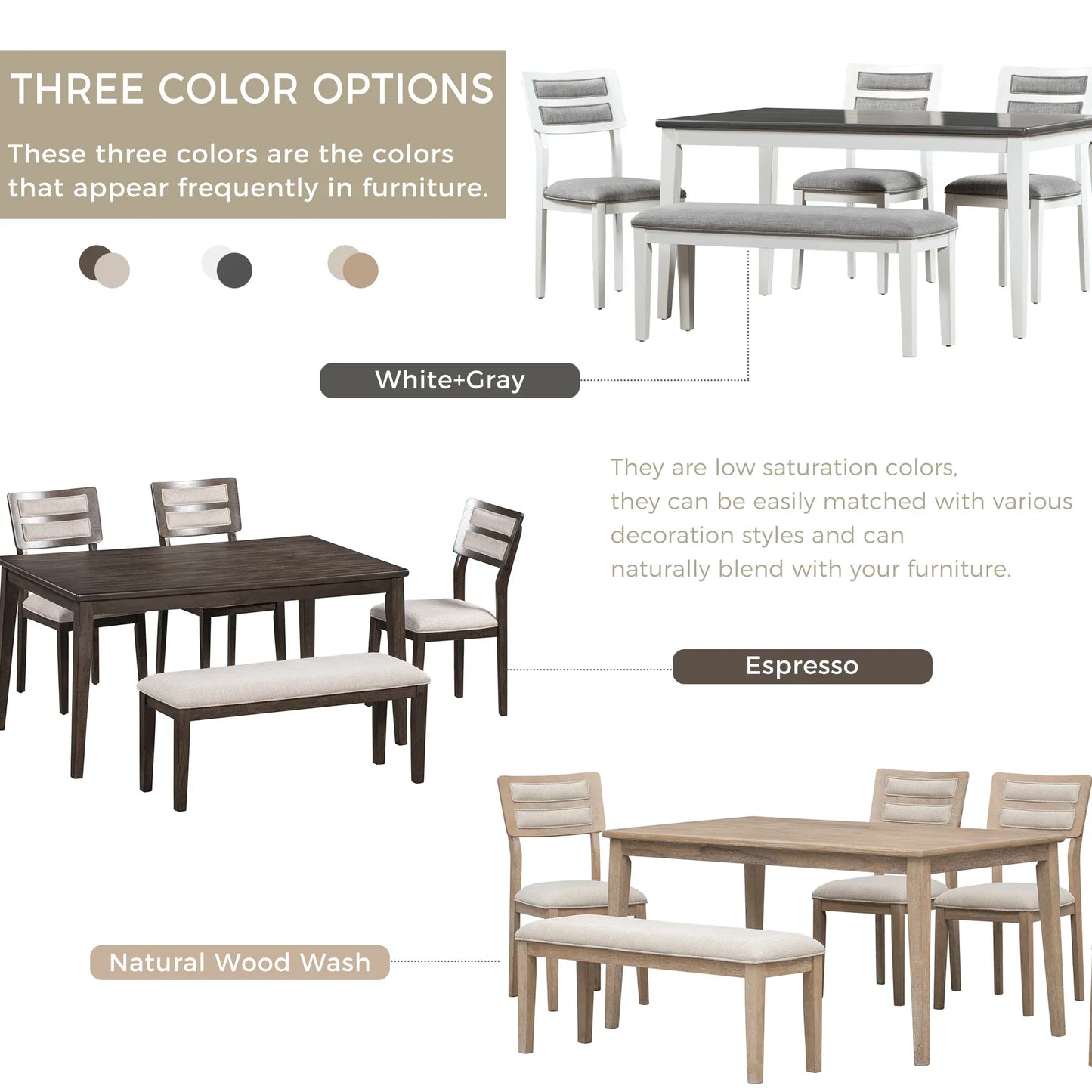 TREXM Classic and Traditional Style 6 - Piece Dining Set, Includes Dining Table 4 Upholstered Chairs & Bench (White+Gray) - Shello's Creative Boutique