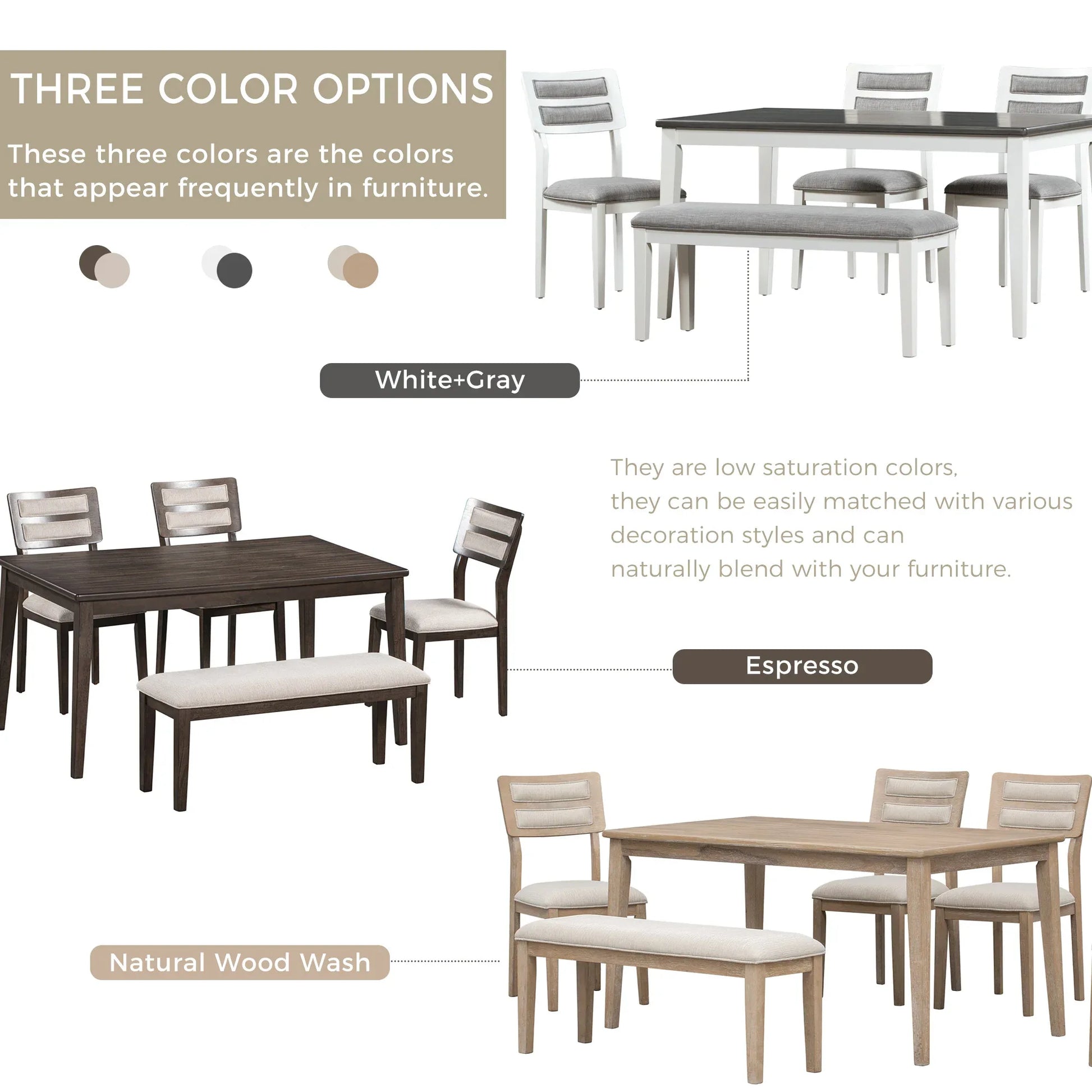 TREXM Classic and Traditional Style 6 - Piece Dining Set, Includes Dining Table 4 Upholstered Chairs & Bench (White+Gray) - Shello's Creative Boutique