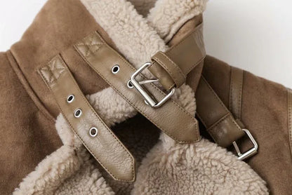 Winter Women Faux Shearling Sheepskin Leather Fur Jackets Lady Thick Warm Suede Lambs Wool Short Motorcycle Brown Coats - Shello's Creative Boutique