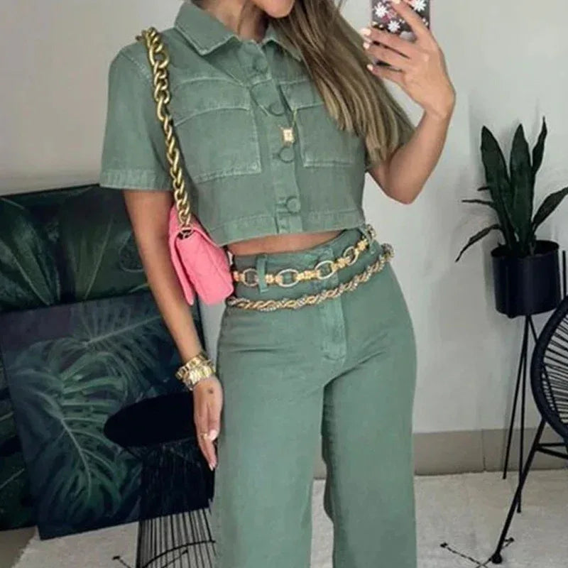 European and American womens clothing set Fashion lapel sleeveless top Loose pants Solid color set - Shello's Creative Boutique